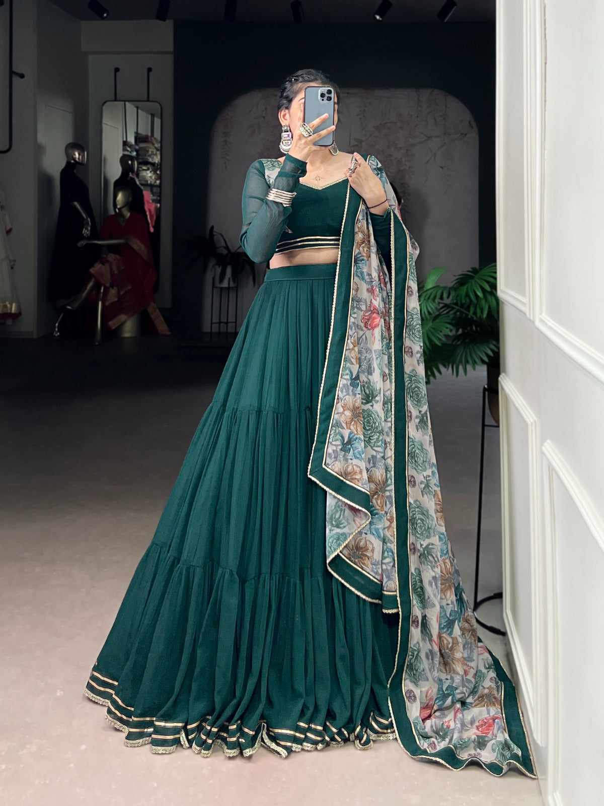 Memorial Green Thread embroidered Work Georgette Lehenga Choli