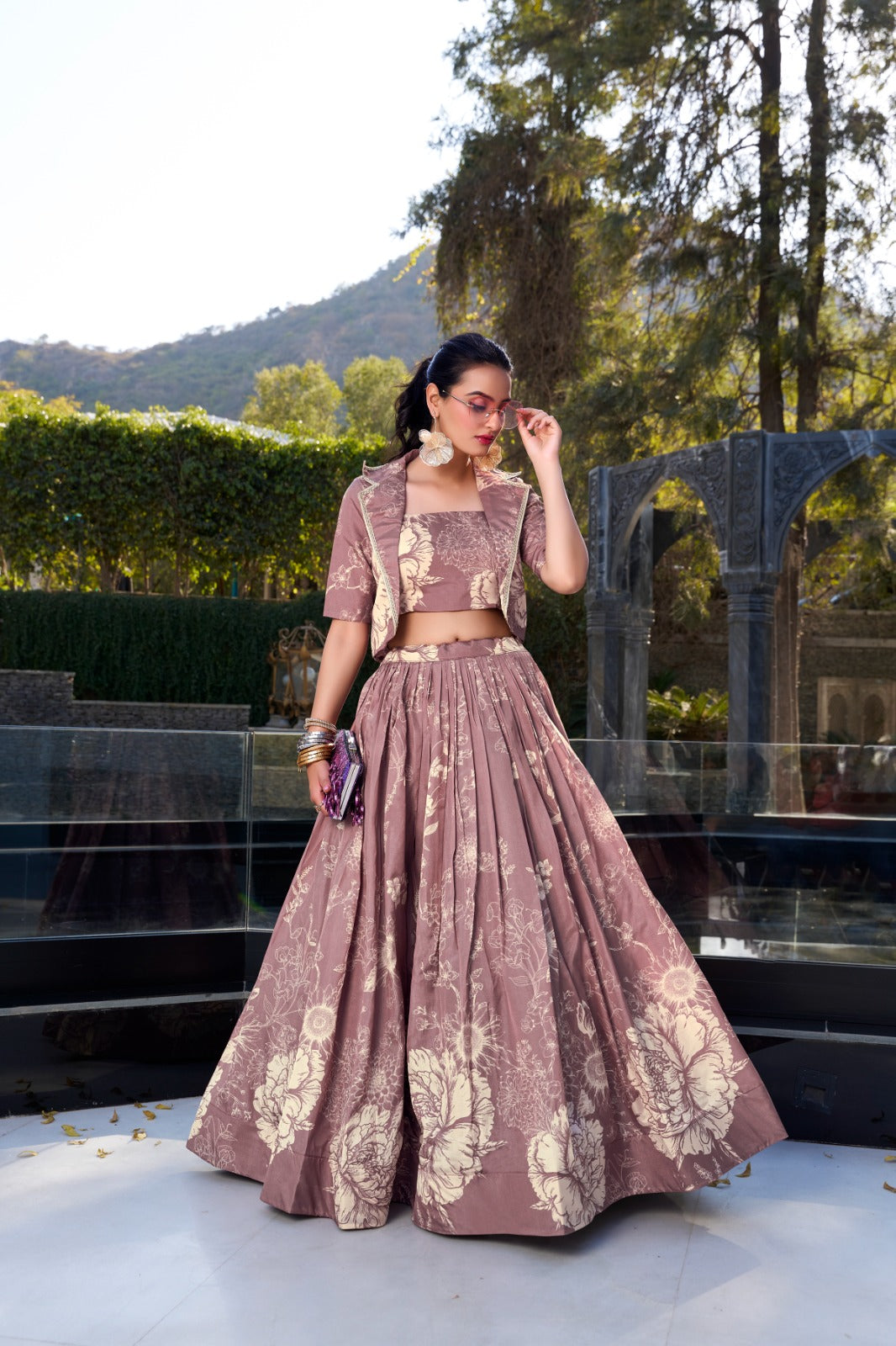 Tussar Silk Floral Print Jacket Lehenga Set Festive Wear