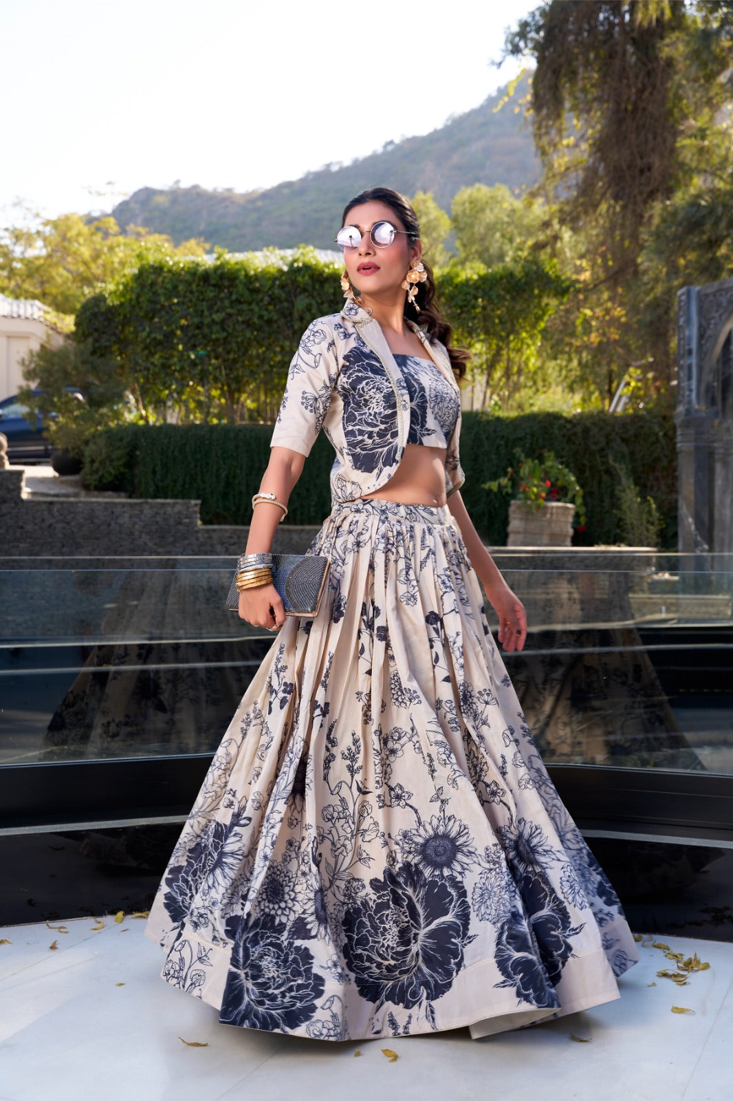 Tussar Silk Floral Print Jacket Lehenga Set Festive Wear