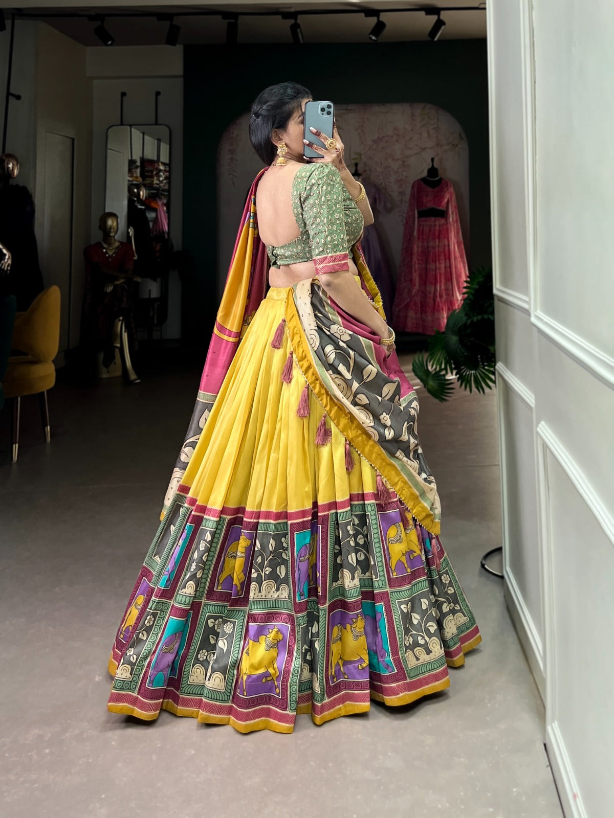 Women's Tussar Silk Lehenga Choli Set with Floral and Foil Print