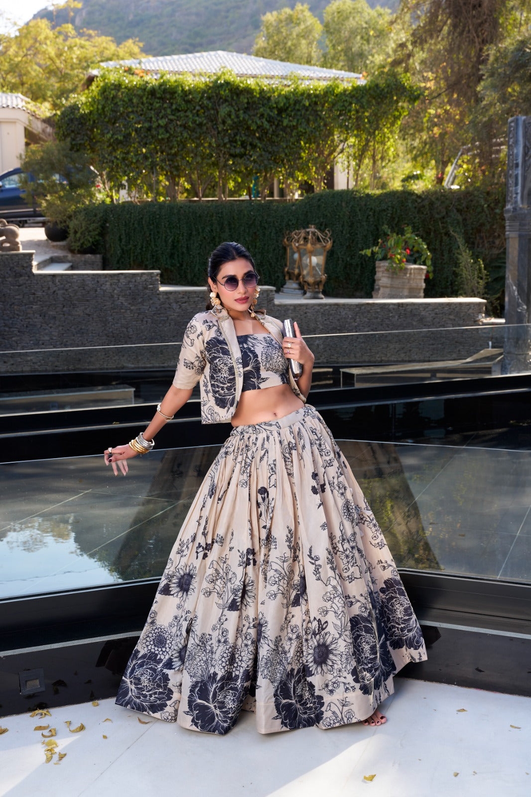 Tussar Silk Floral Print Jacket Lehenga Set Festive Wear