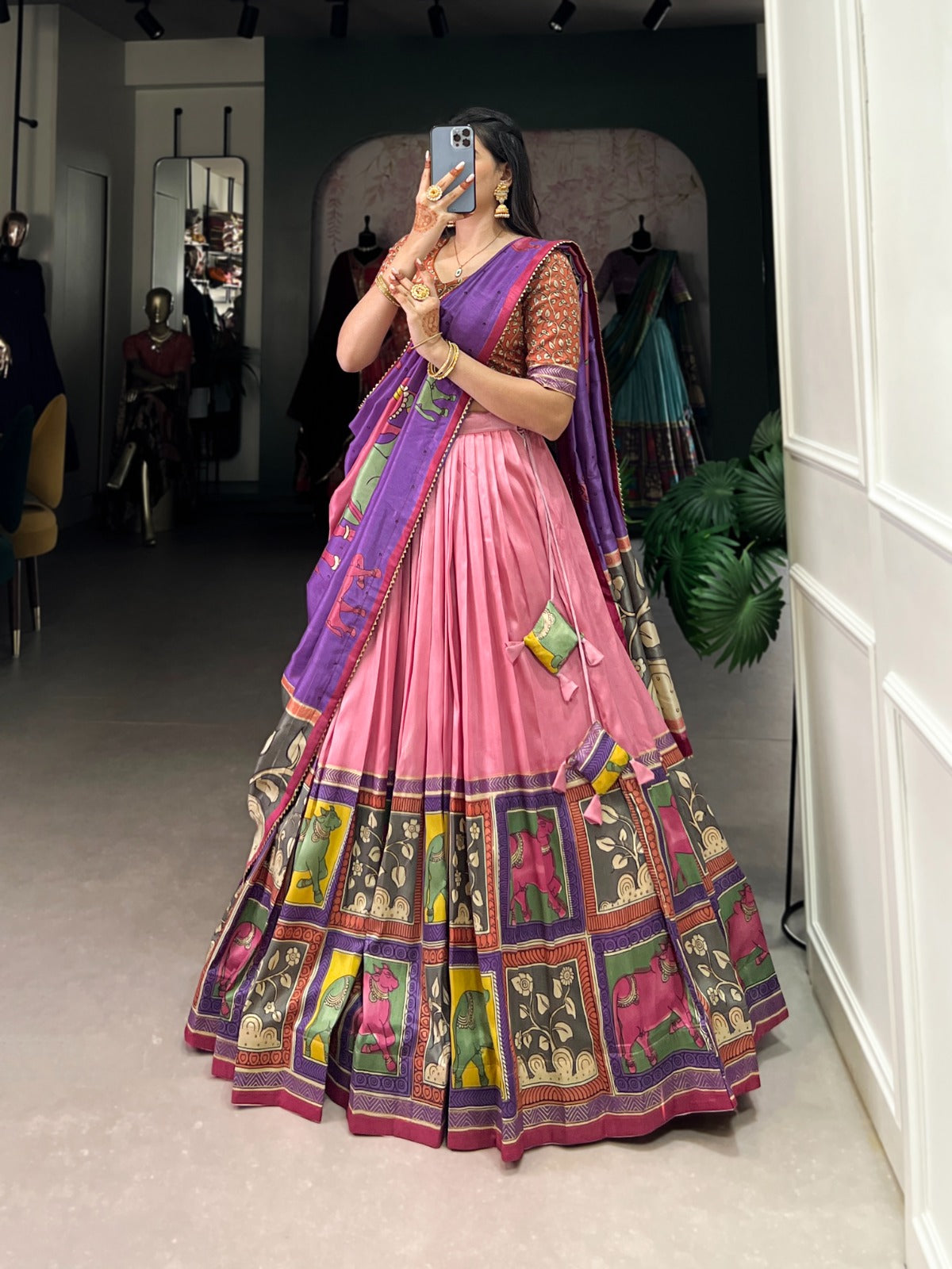 Women's Tussar Silk Lehenga Choli Set with Floral and Foil Print