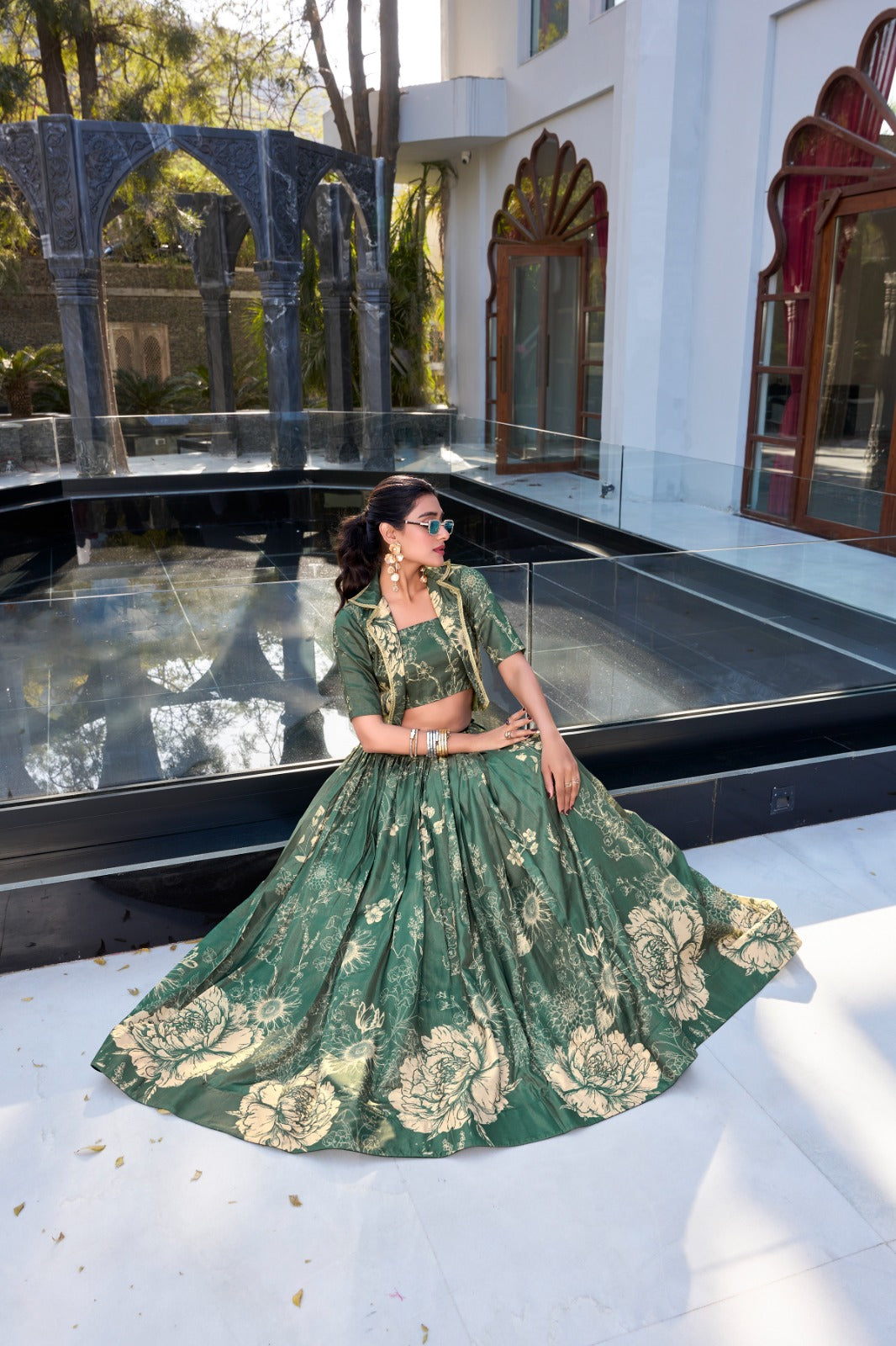 Tussar Silk Floral Print Jacket Lehenga Set Festive Wear