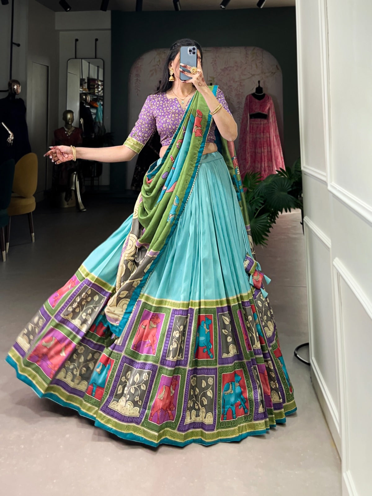Women's Tussar Silk Lehenga Choli Set with Floral and Foil Print