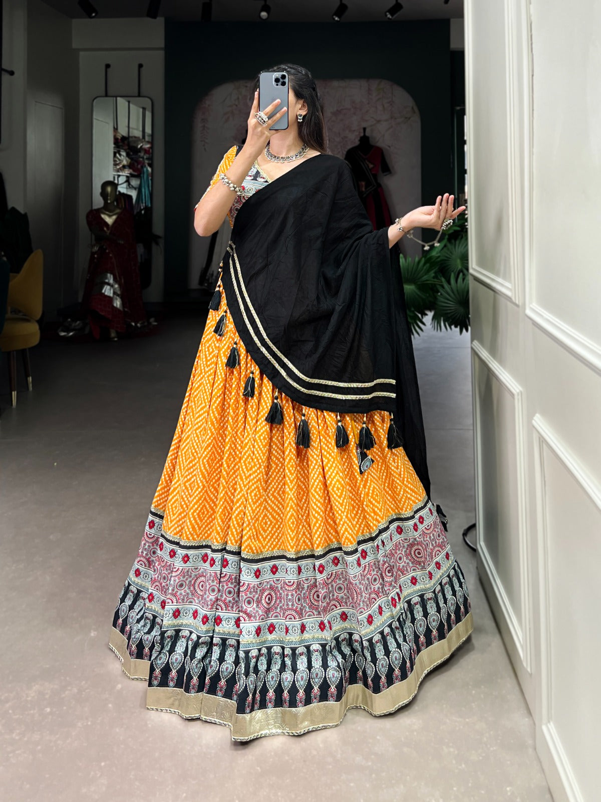 Yellow Color Rayon Bandhej Print Navratri Lehenga Choli Set