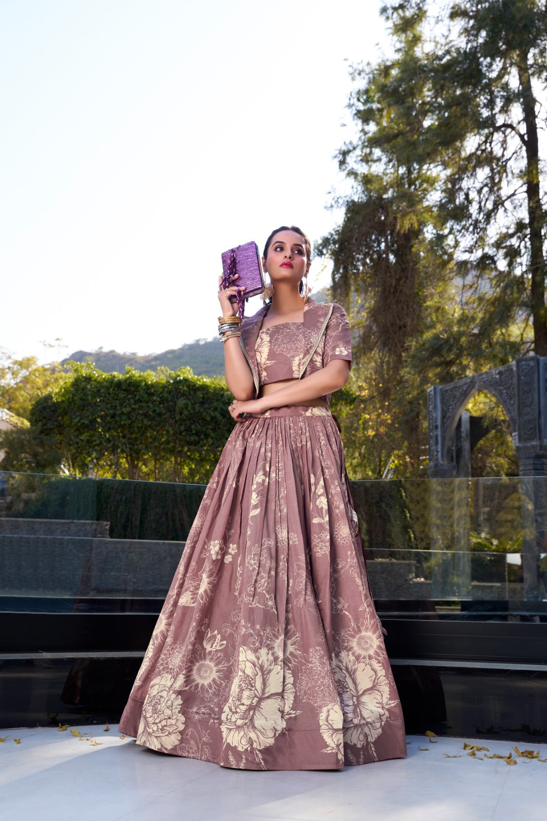 Tussar Silk Floral Print Jacket Lehenga Set Festive Wear