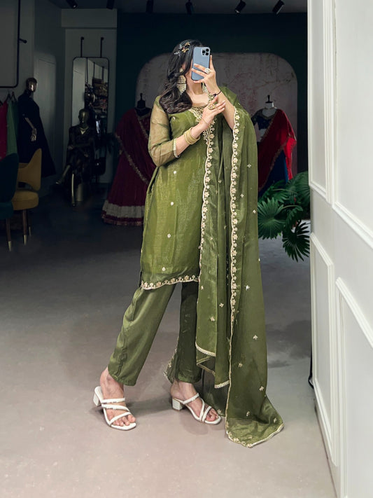 Mehendi Kurti Pant in Gold Coin With Sequence Embroidery and Dupatta
