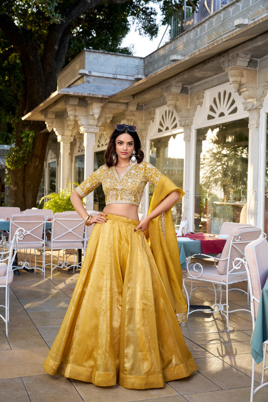 Mustard Zari Embroidered Sequins Lehenga For Celebrations Festive Wear