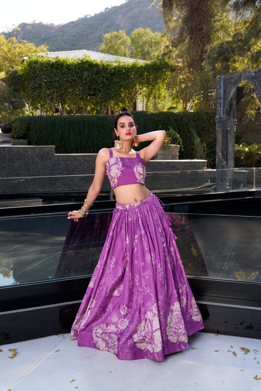 Tussar Silk Floral Print Jacket Lehenga Set Festive Wear