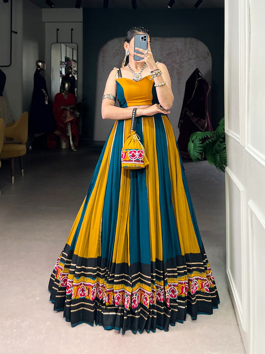 Super Mustard Yellow Gamthi Work Rayon Navratri Special Lehenga Choli