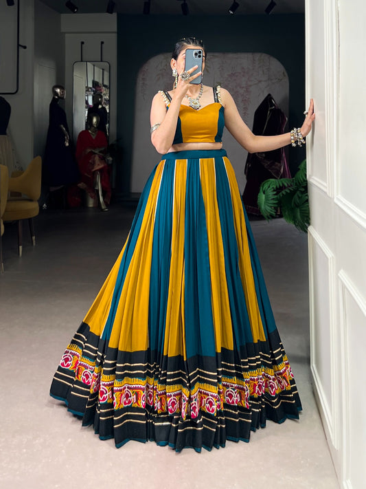 Super Mustard Yellow Gamthi Work Rayon Navratri Special Lehenga Choli