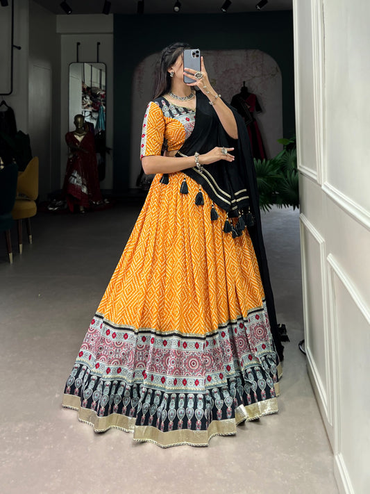 Yellow Color Rayon Bandhej Print Navratri Lehenga Choli Set