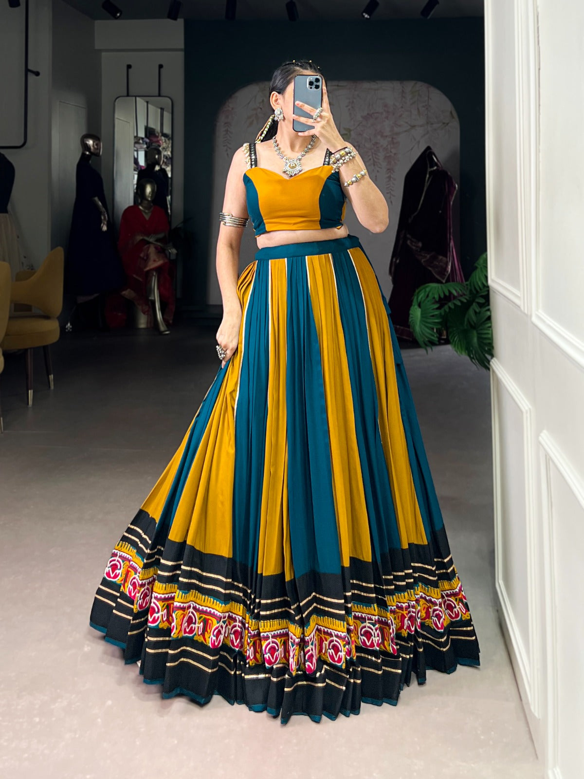 Super Mustard Yellow Gamthi Work Rayon Navratri Special Lehenga Choli