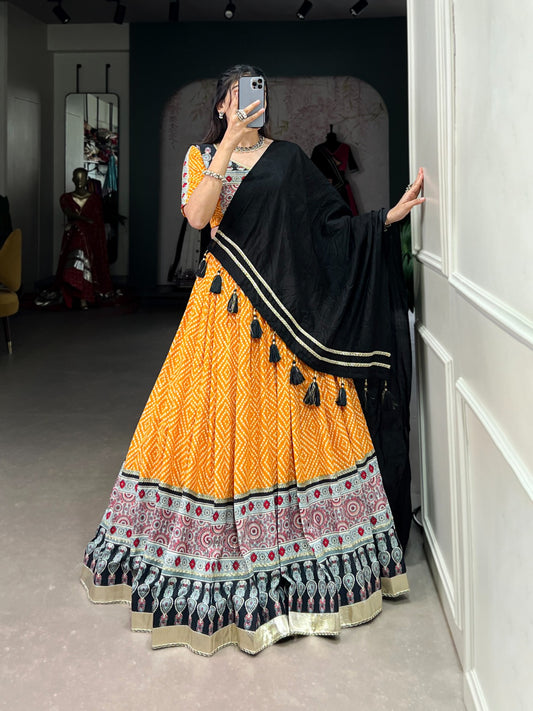 Yellow Color Rayon Bandhej Print Navratri Lehenga Choli Set