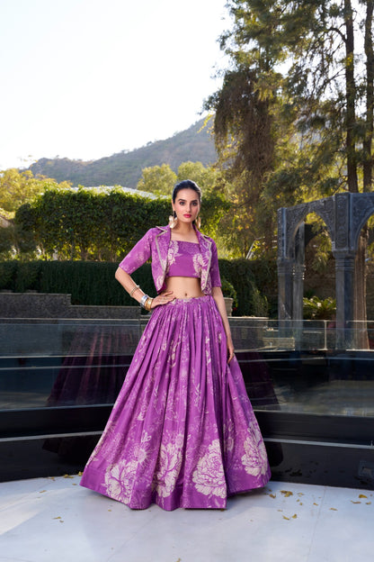 Tussar Silk Floral Print Jacket Lehenga Set Festive Wear