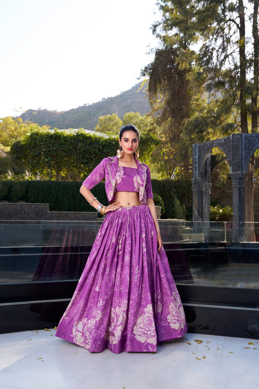 Tussar Silk Floral Print Jacket Lehenga Set Festive Wear