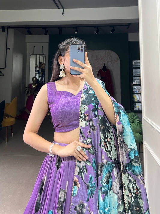 In a world of monochrome, be the burst of color in a floral print lehenga