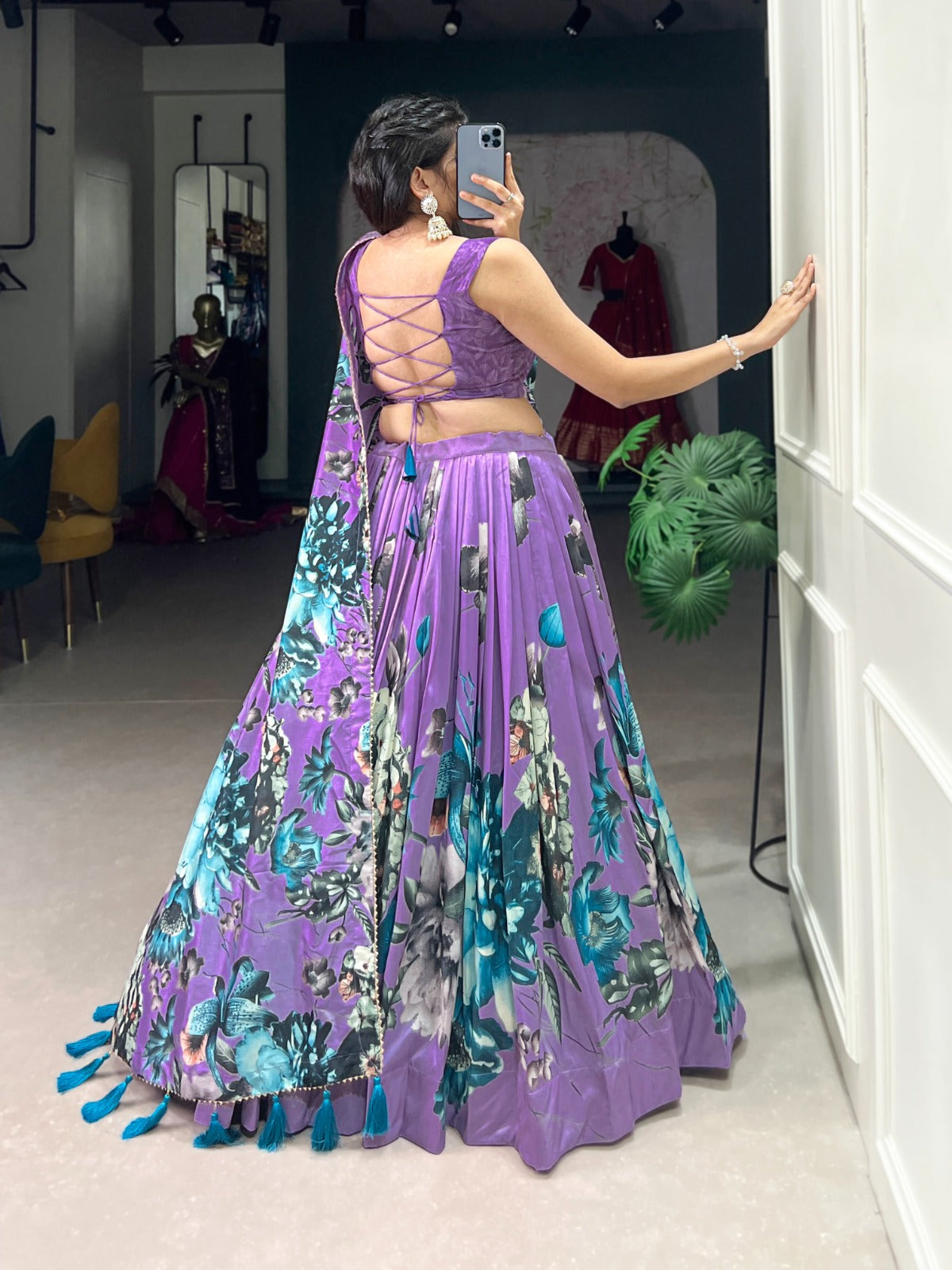 In a world of monochrome, be the burst of color in a floral print lehenga