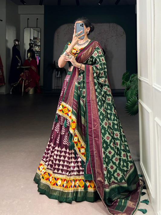 A festive blend of elegance and culture – Tasar silk with intricate Gamthi work, perfect for Navratri nights
