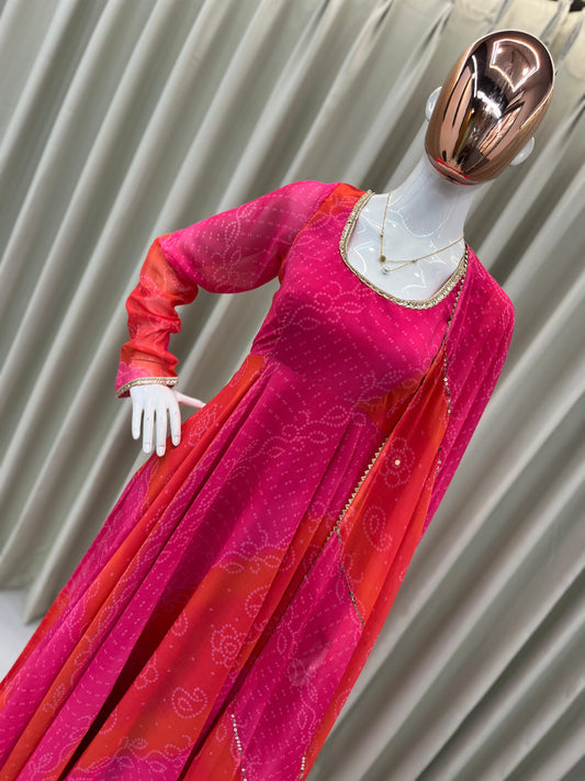 Comfortable gown with faux georgette fabric with printed work with stitched pant and dupatta