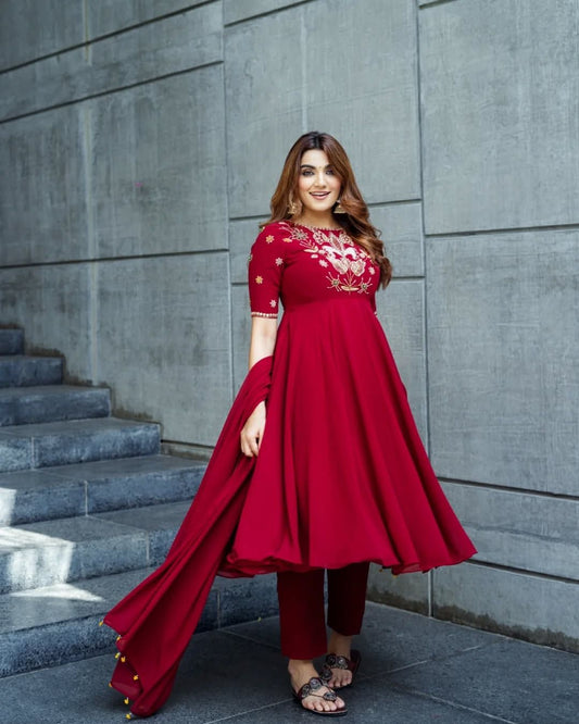 Presenting New Designer Collection In Roman simmer silk With Embroidery Work Top-Bottom And Dupatta Set Fully Stitched Ready To Wear