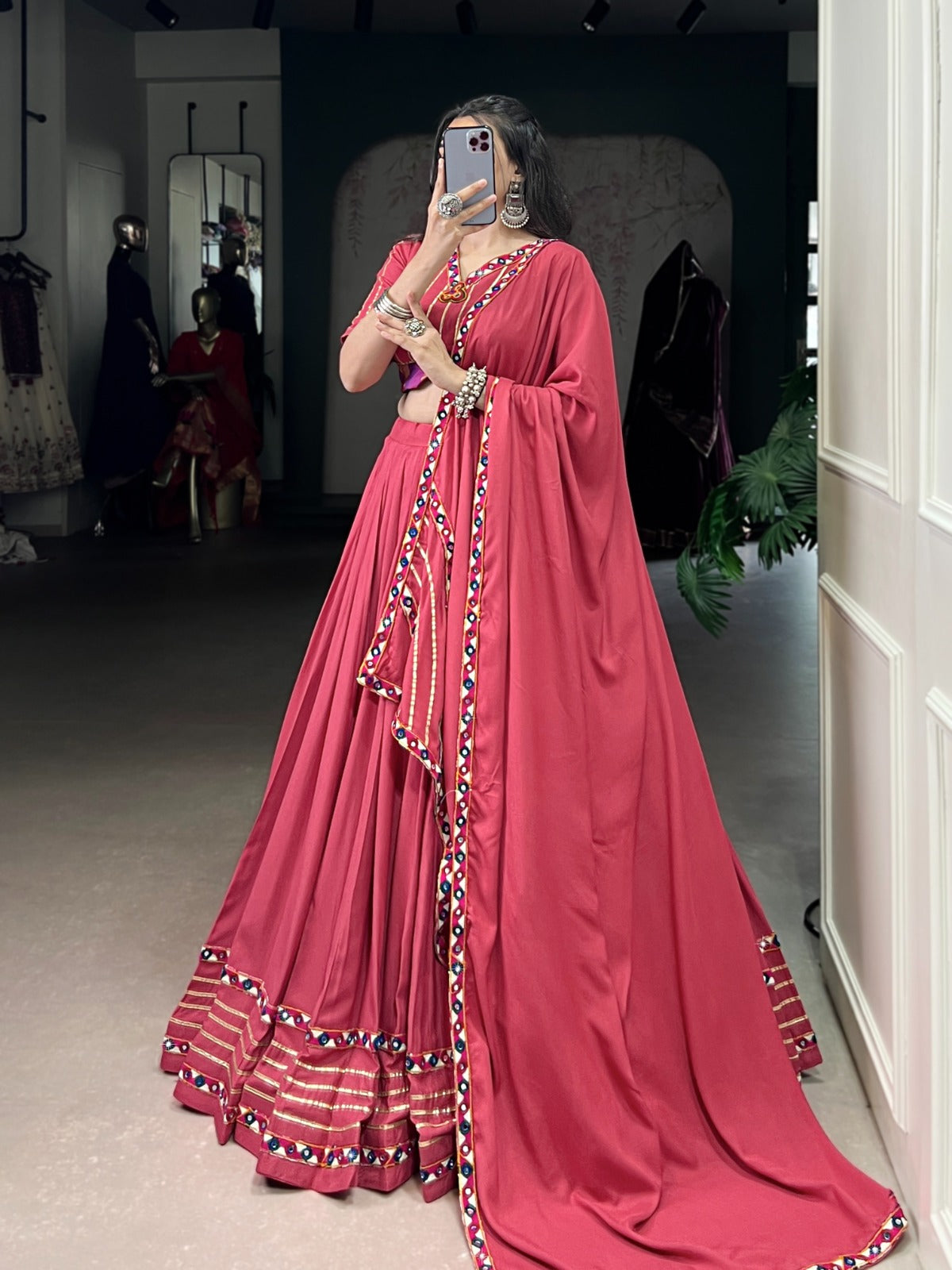 Celebrate the colors and culture of Navratri in original mirror Gamthi work on flowy rayon fabric