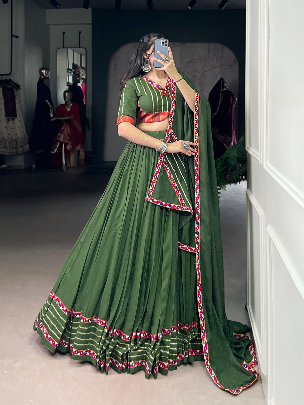 Celebrate the colors and culture of Navratri in original mirror Gamthi work on flowy rayon fabric