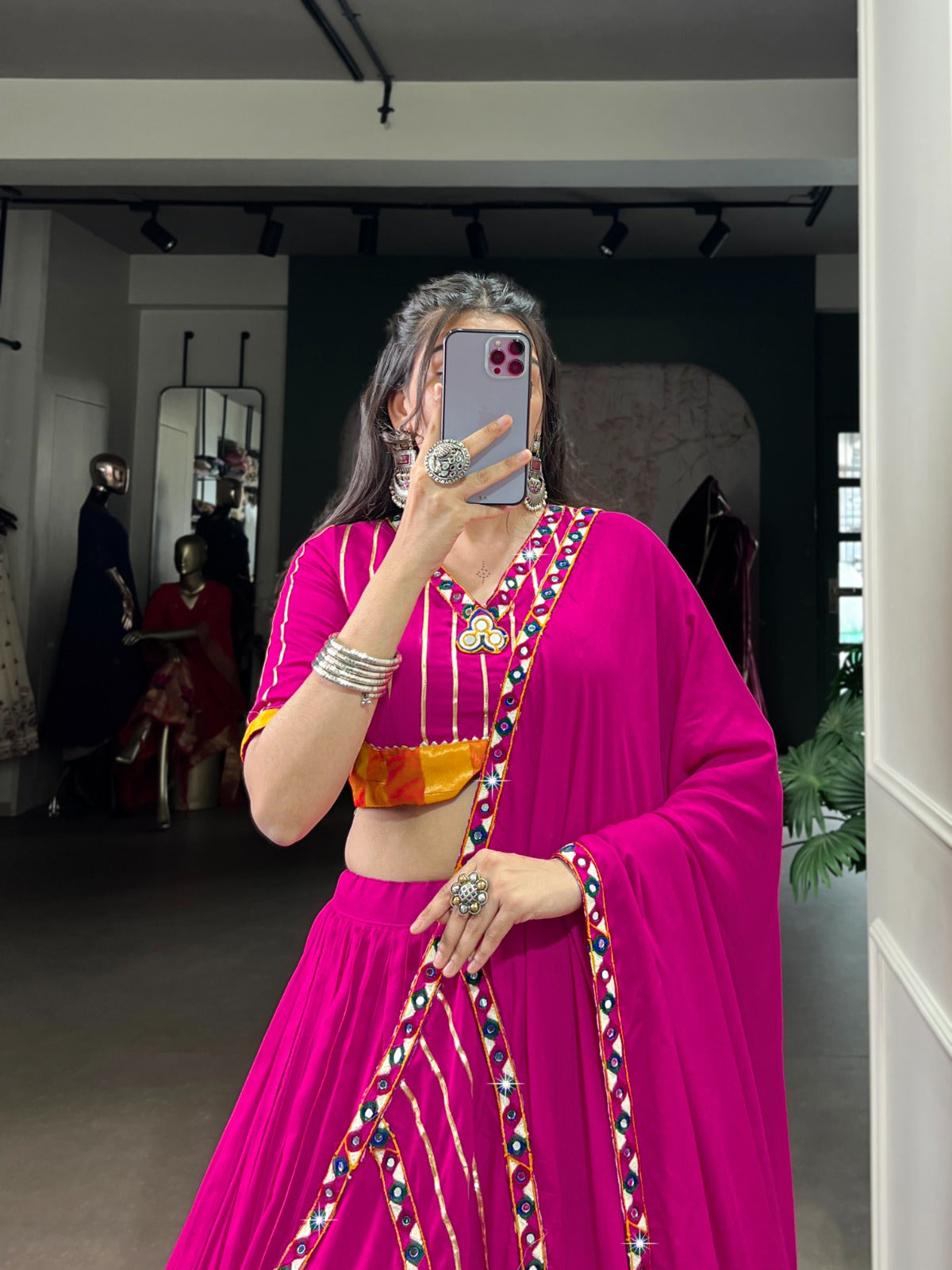 Celebrate the colors and culture of Navratri in original mirror Gamthi work on flowy rayon fabric
