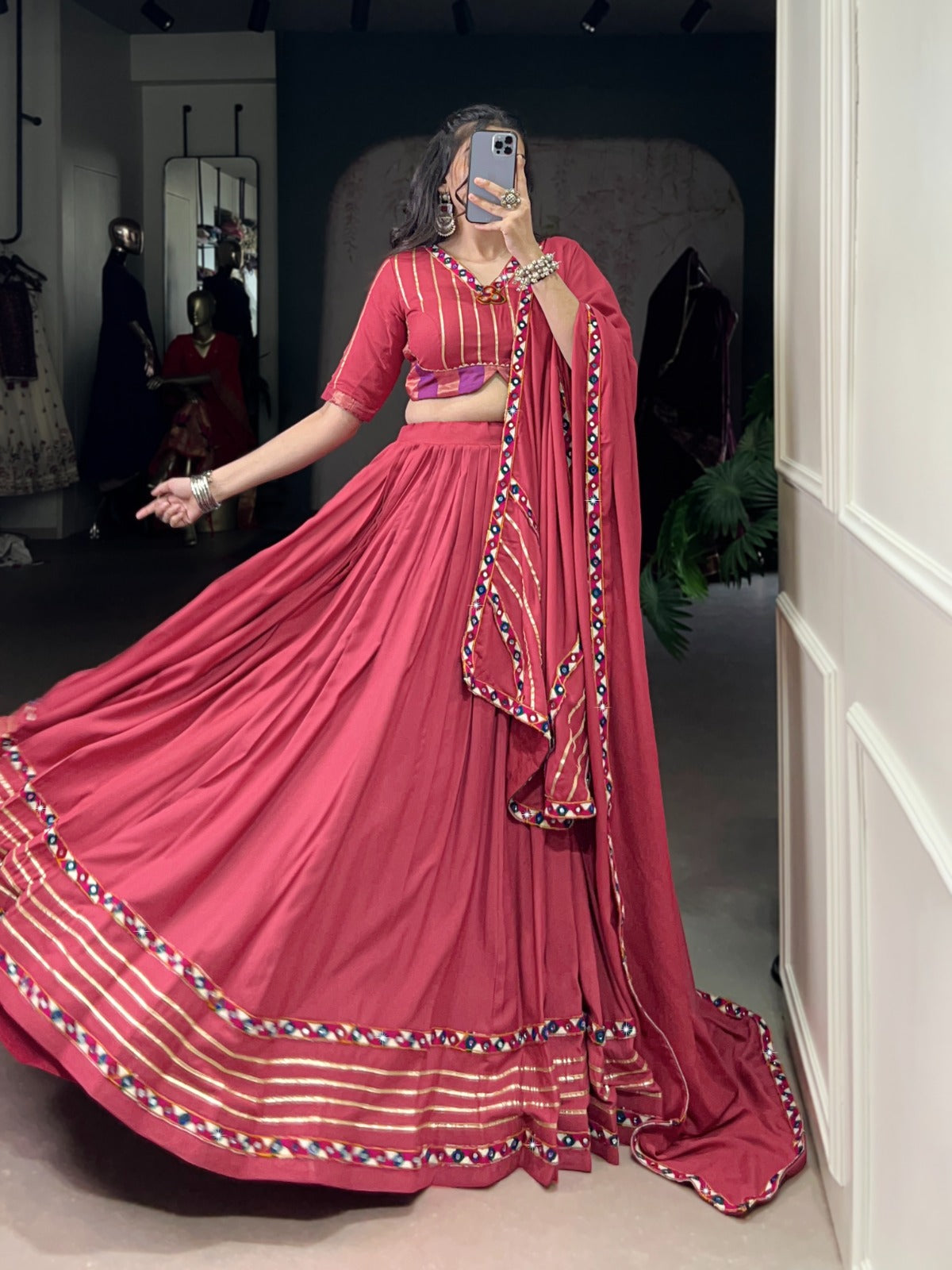 Celebrate the colors and culture of Navratri in original mirror Gamthi work on flowy rayon fabric
