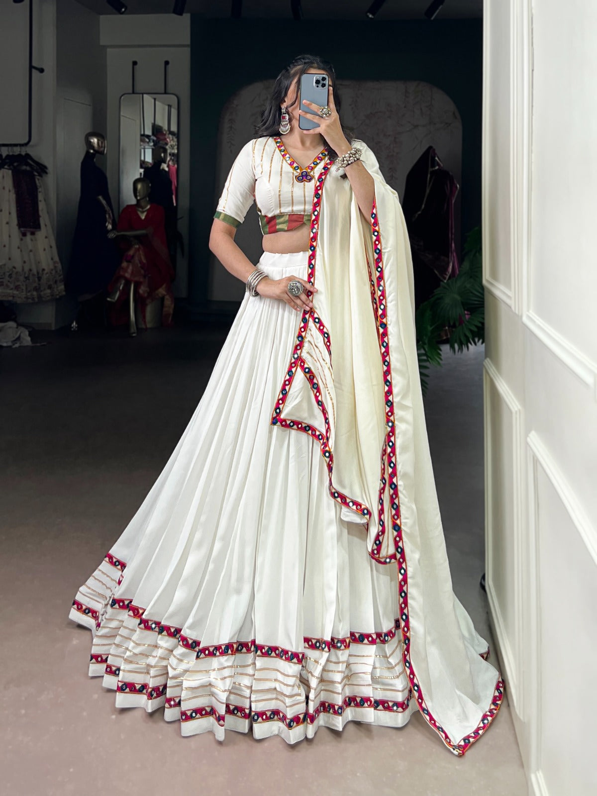 Celebrate the colors and culture of Navratri in original mirror Gamthi work on flowy rayon fabric