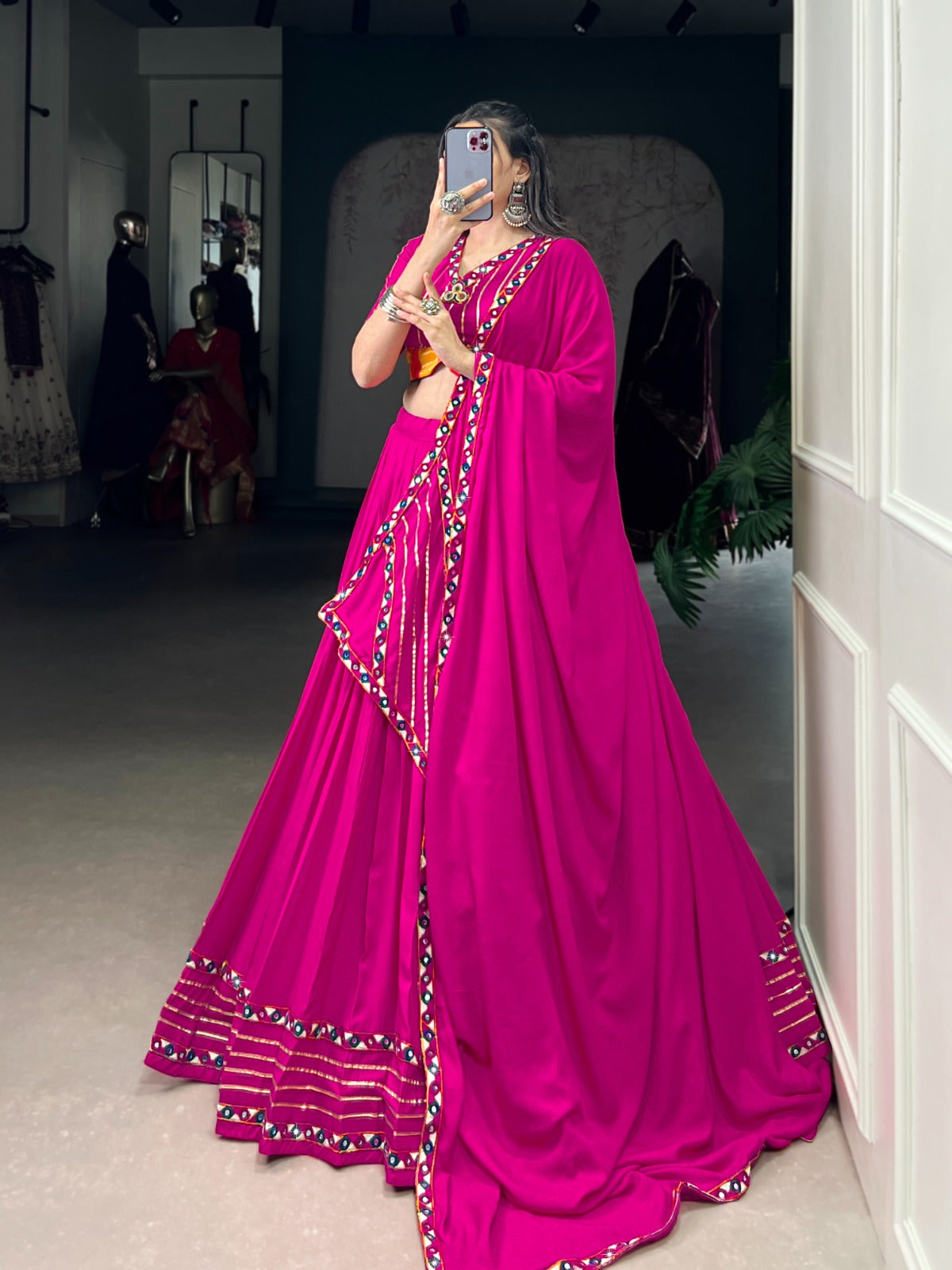 Celebrate the colors and culture of Navratri in original mirror Gamthi work on flowy rayon fabric