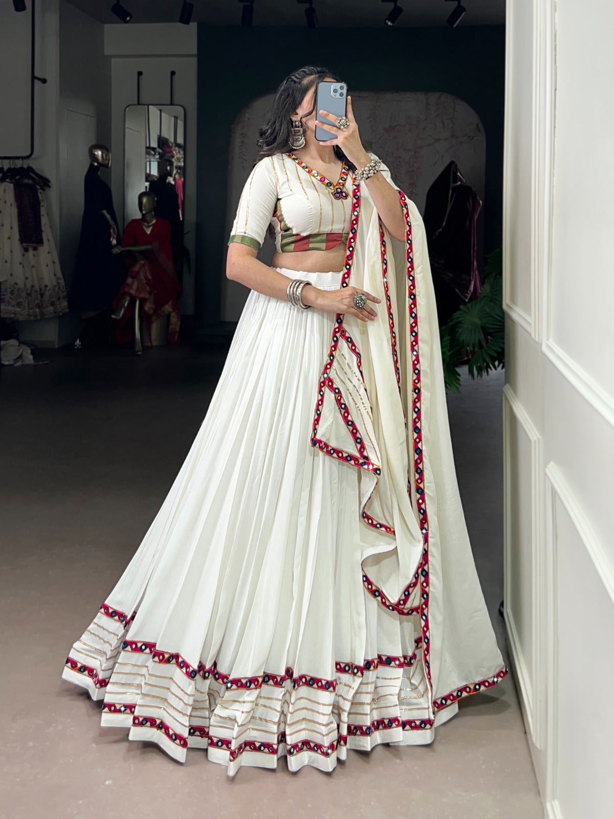 Celebrate the colors and culture of Navratri in original mirror Gamthi work on flowy rayon fabric