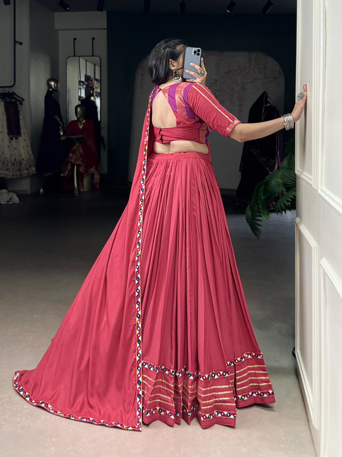 Celebrate the colors and culture of Navratri in original mirror Gamthi work on flowy rayon fabric