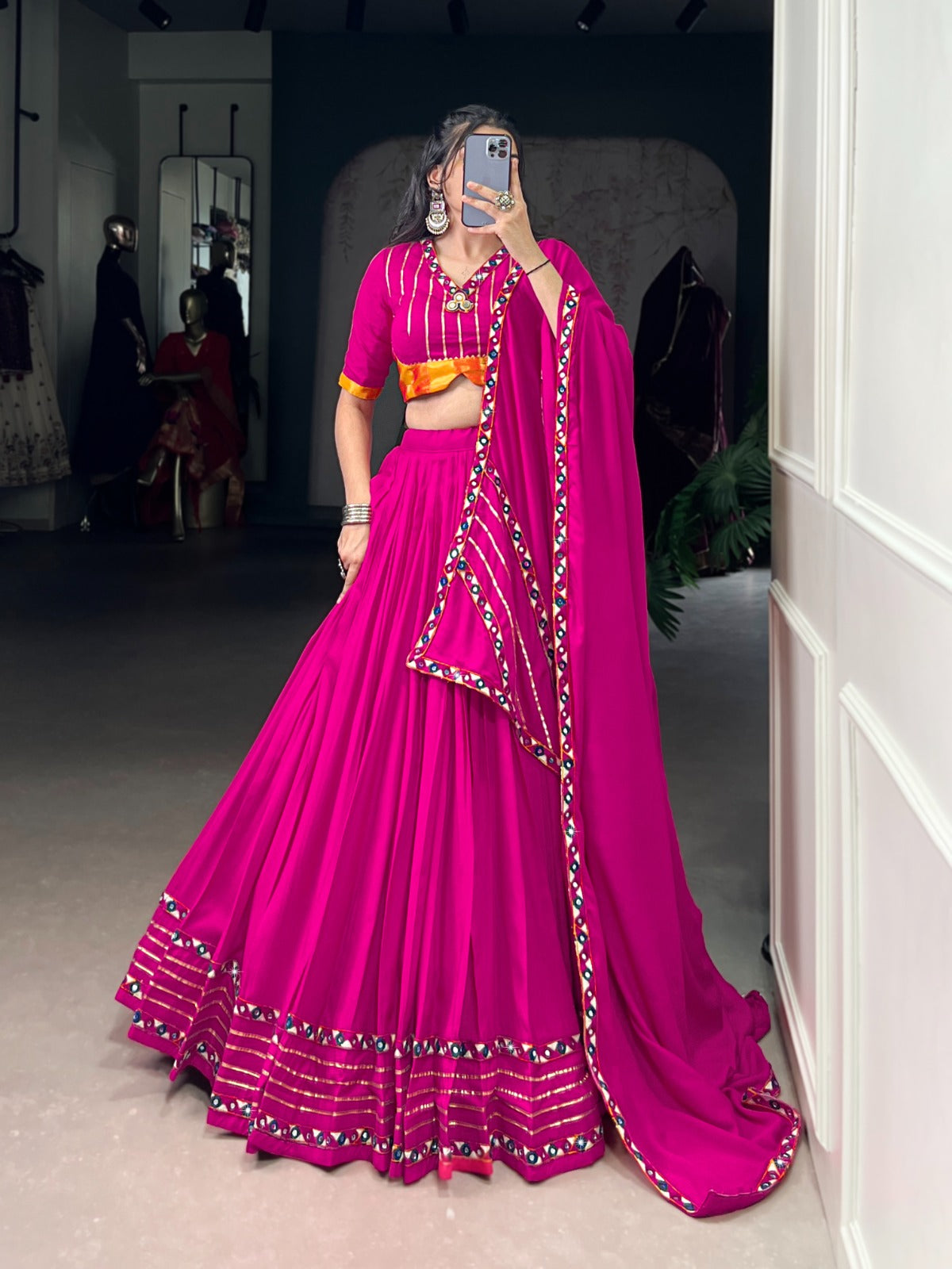 Celebrate the colors and culture of Navratri in original mirror Gamthi work on flowy rayon fabric