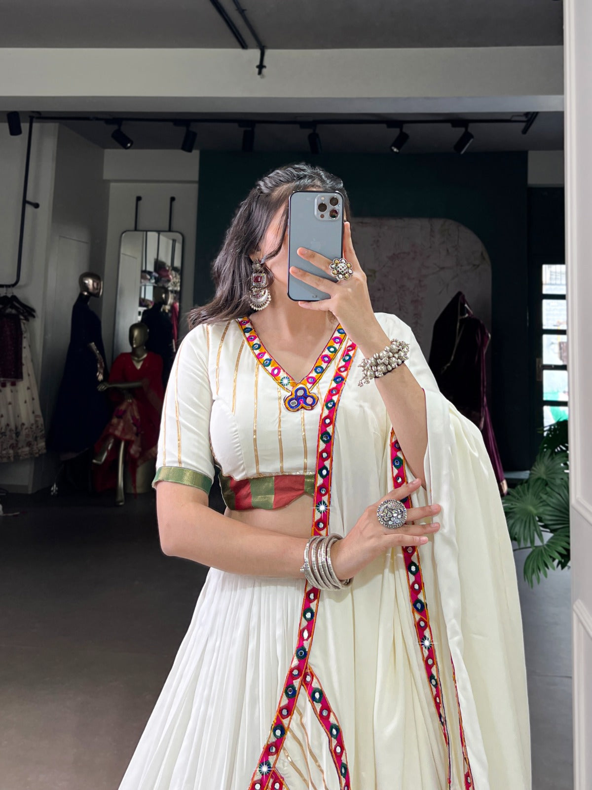 Celebrate the colors and culture of Navratri in original mirror Gamthi work on flowy rayon fabric