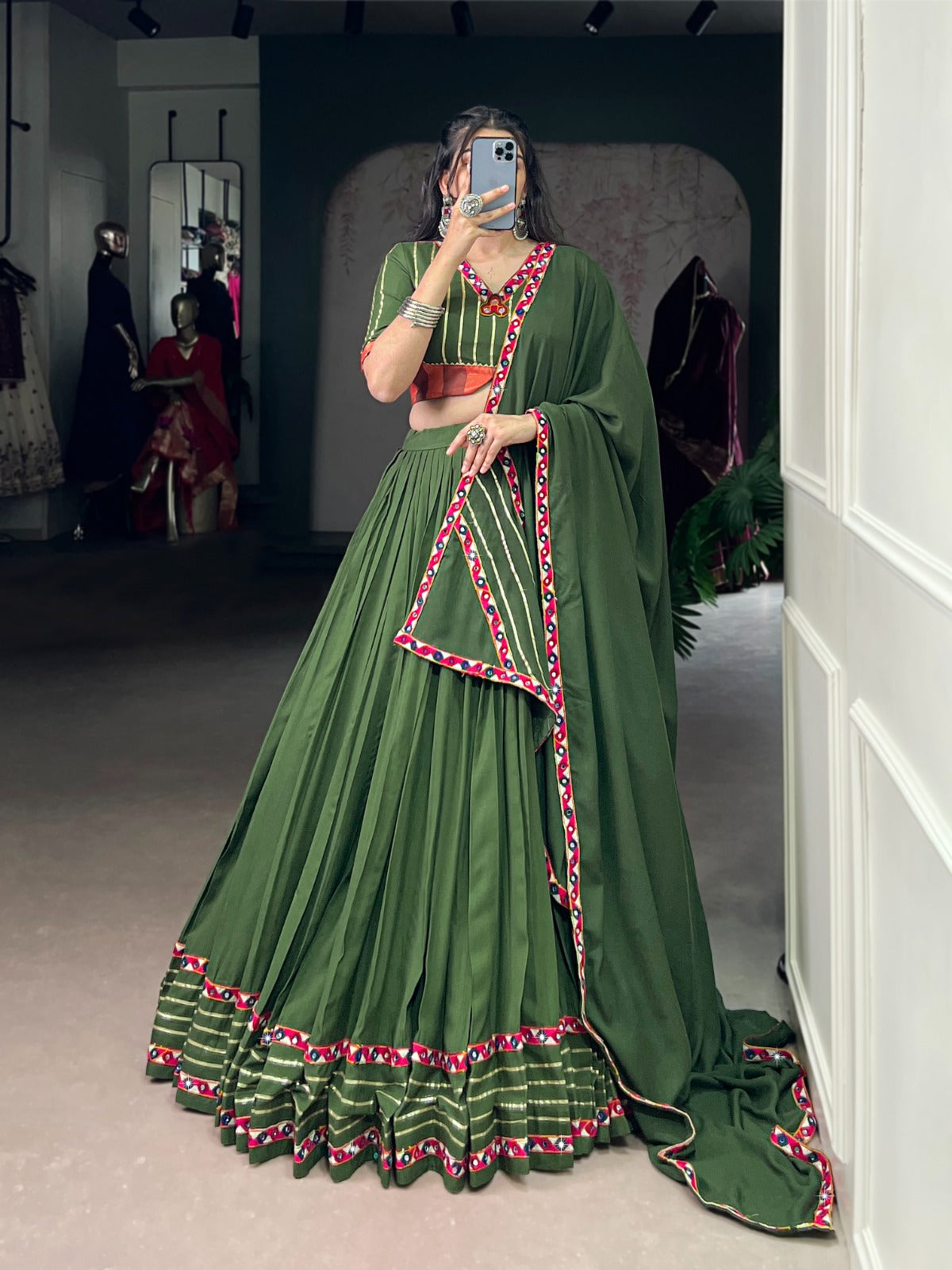 Celebrate the colors and culture of Navratri in original mirror Gamthi work on flowy rayon fabric
