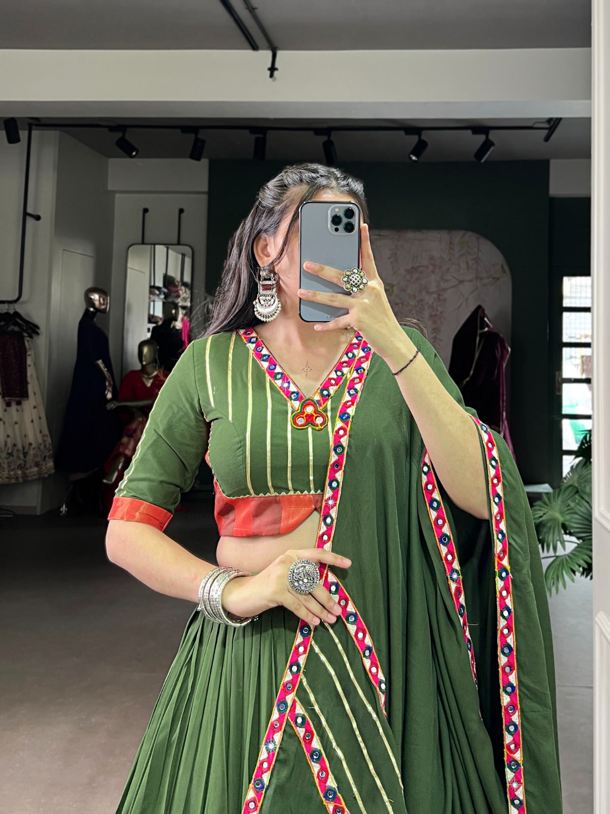 Celebrate the colors and culture of Navratri in original mirror Gamthi work on flowy rayon fabric