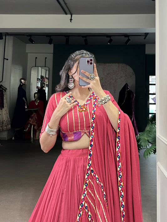 Celebrate the colors and culture of Navratri in original mirror Gamthi work on flowy rayon fabric