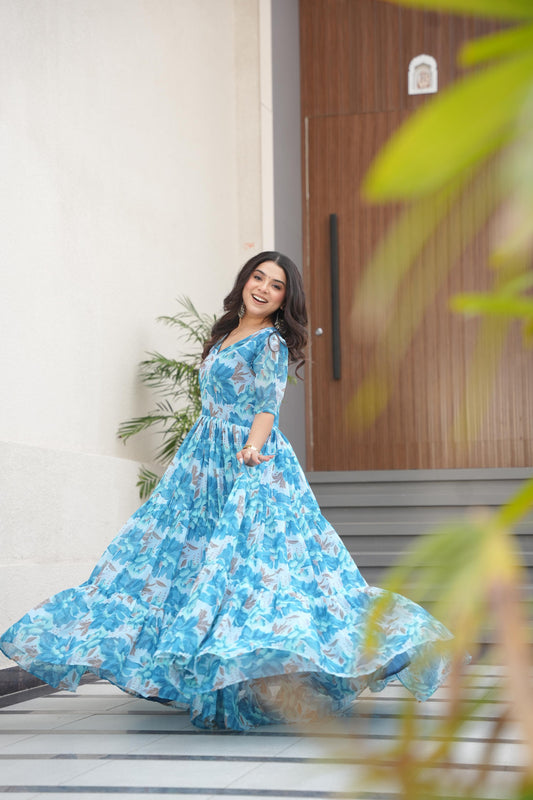 Desirable Women's Fully Flair Gown Made With Faux Georgette Fabrics With Print