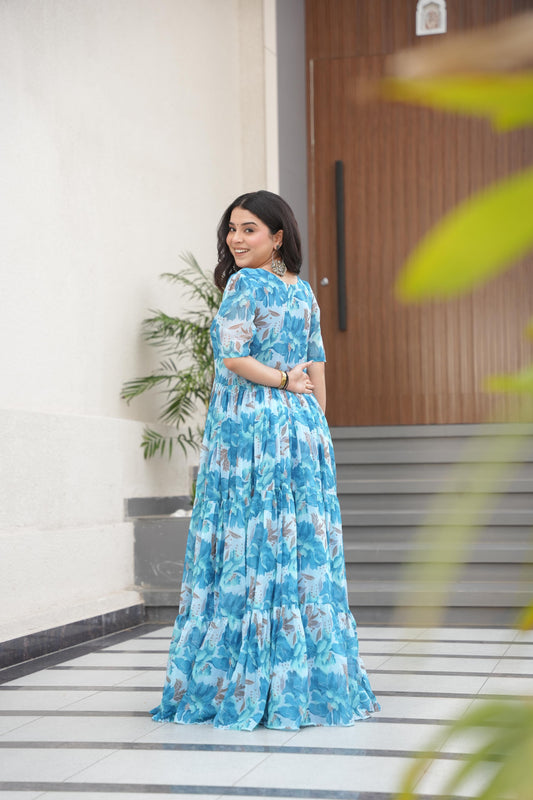 Desirable Women's Fully Flair Gown Made With Faux Georgette Fabrics With Print