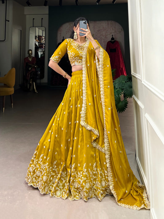 Mustard Golden Embroidered Vichitra Silk Lehenga Set with Sequins Detailing