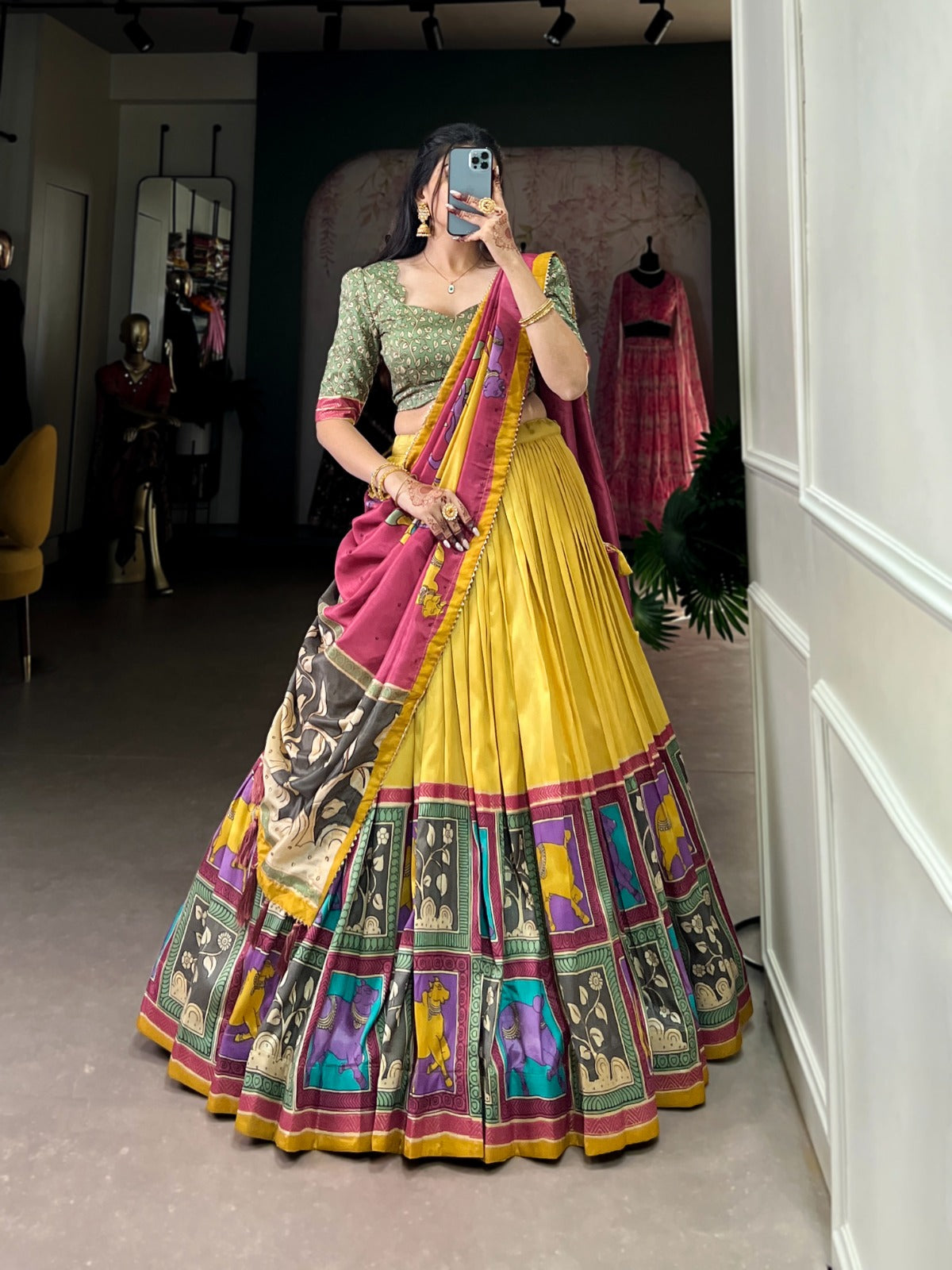 Women's Tussar Silk Lehenga Choli Set with Floral and Foil Print