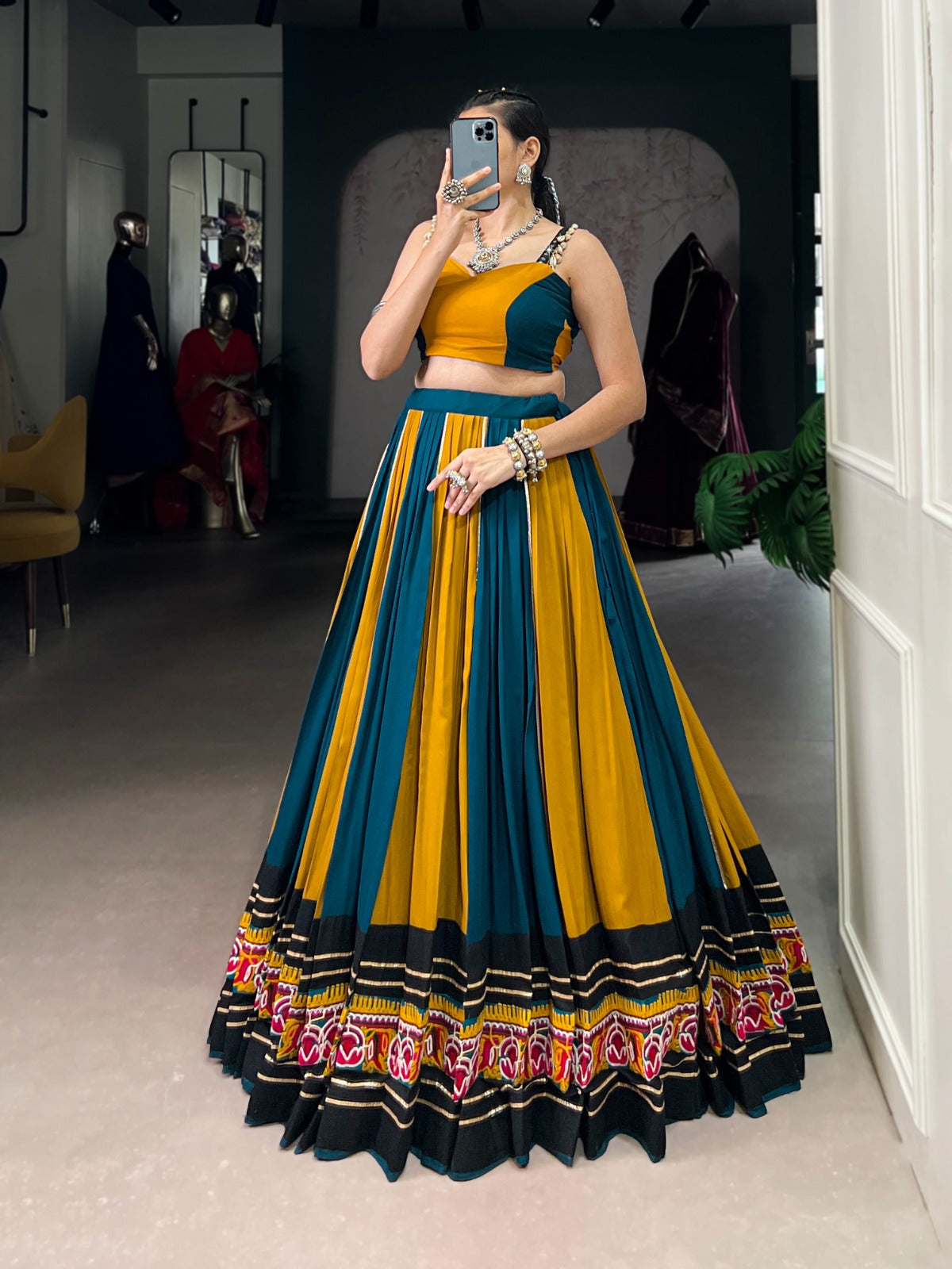 Super Mustard Yellow Gamthi Work Rayon Navratri Special Lehenga Choli