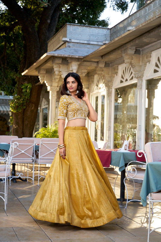 Mustard Zari Embroidered Sequins Lehenga For Celebrations Festive Wear