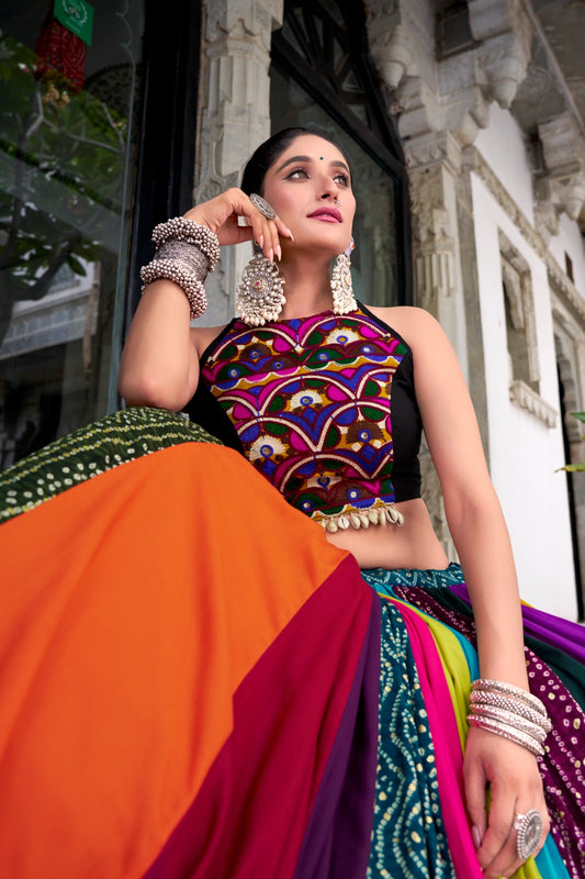 Multi Color Original Mirror Gamthi Work With Lace Touch Up Rayon Chaniya Choli