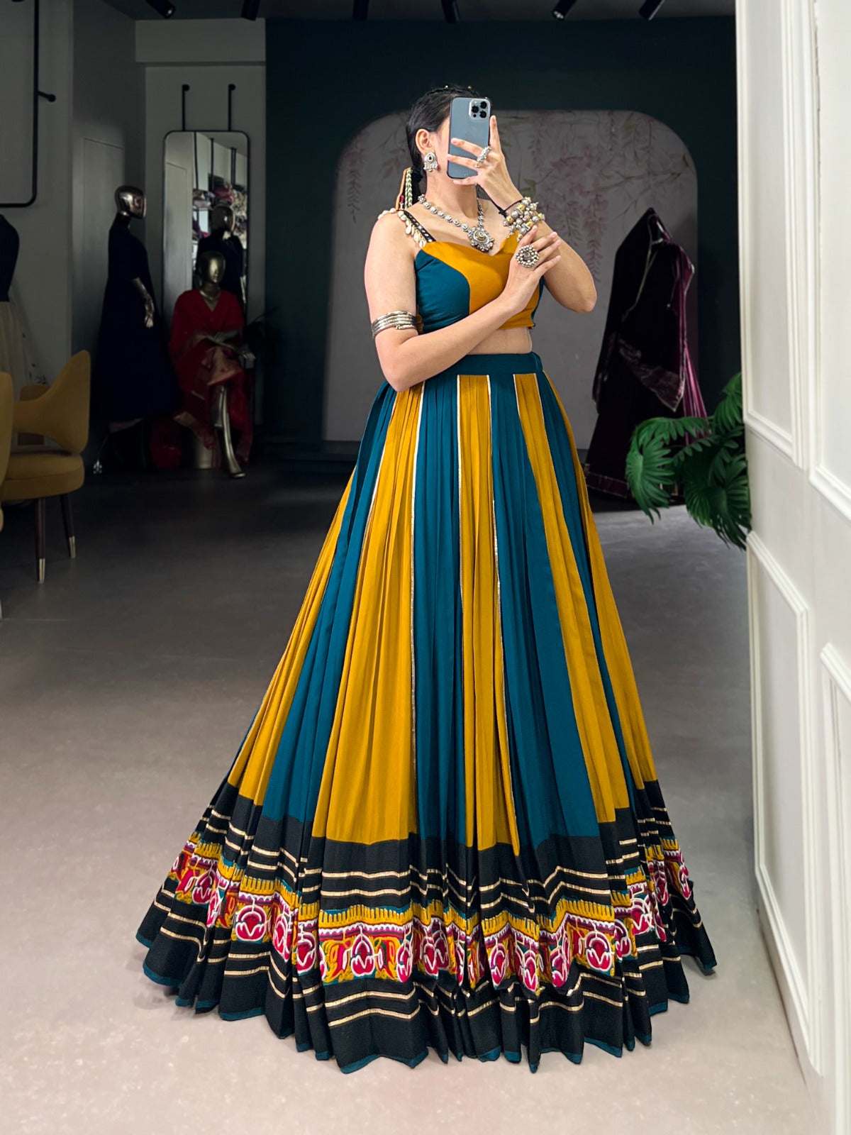 Super Mustard Yellow Gamthi Work Rayon Navratri Special Lehenga Choli