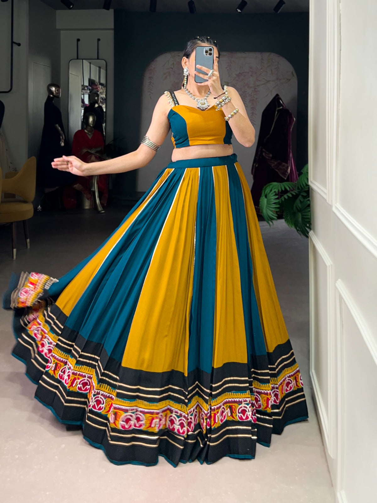 Super Mustard Yellow Gamthi Work Rayon Navratri Special Lehenga Choli